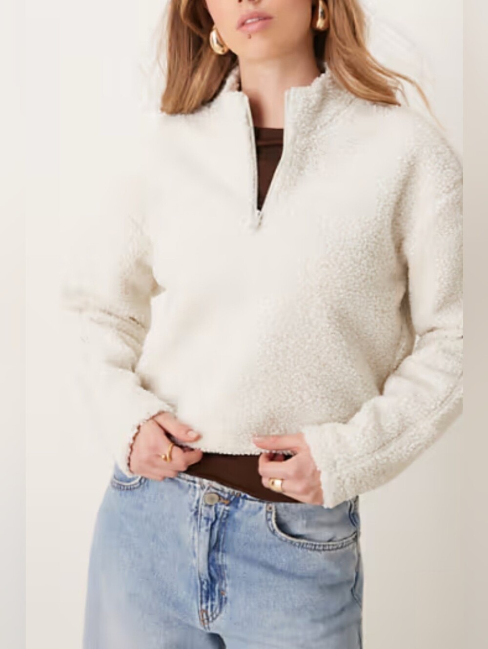 LOFT Cozy Women's Off-White Sherpa Fleece Quarter-Zip Pullover Medium